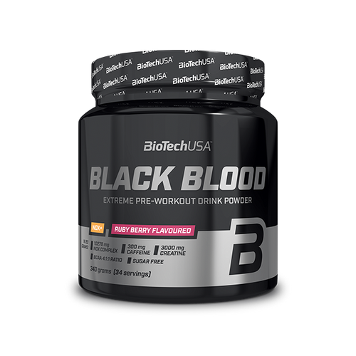 BioTechUSA Black Blood NOX+ edzés előtti ízesített italpor édesítőszerekkel. 