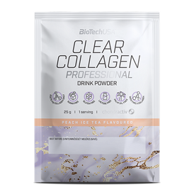BioTechUSA™ Clear Collagen Professional frissítő, ízesített étrendkiegészítő italpor hidrolizált kollagénnel, hialuronsavval, aminosavakkal, vitaminokkal és ásványi anyagokkal, cukorral és édesítőszerrel.