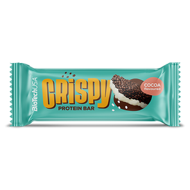 BioTechUSA Crispy Protein Bar - Kakaós ízesítésű, ropogós fehérje szelet, fehérbevonó talppal, tejfehérje extrudátummal, keksz darabokkal, cukrokkal és édesítőszerekkel, gluténmentesen.