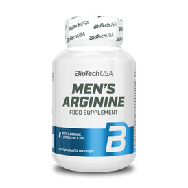 BioTechUSA Men's Arginine étrendkiegészítő kapszula argininnel, vitaminokkal, ásványi anyagokkal és növényi hatóanyagokkal.