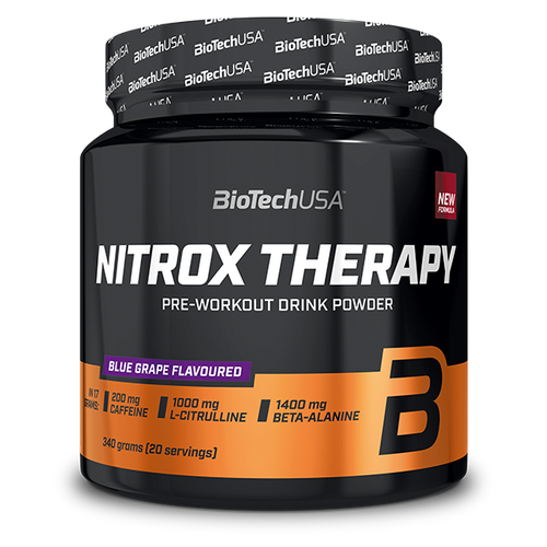 BioTechUSA Nitrox Therapy edzés előtti italpor, cukorral és édesítőszerrel, aminosavakkal, vitaminokkal és ásványi anyagokkal, napi adagban 200 mg koffeinnel.