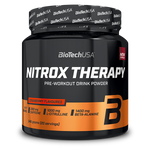 BioTechUSA Nitrox Therapy edzés előtti italpor, cukorral és édesítőszerrel, aminosavakkal, vitaminokkal és ásványi anyagokkal, napi adagban 200 mg koffeinnel.