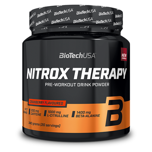 BioTechUSA Nitrox Therapy edzés előtti italpor, cukorral és édesítőszerrel, aminosavakkal, vitaminokkal és ásványi anyagokkal, napi adagban 200 mg koffeinnel.