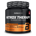 BioTechUSA Nitrox Therapy edzés előtti italpor, cukorral és édesítőszerrel, aminosavakkal, vitaminokkal és ásványi anyagokkal, napi adagban 200 mg koffeinnel.