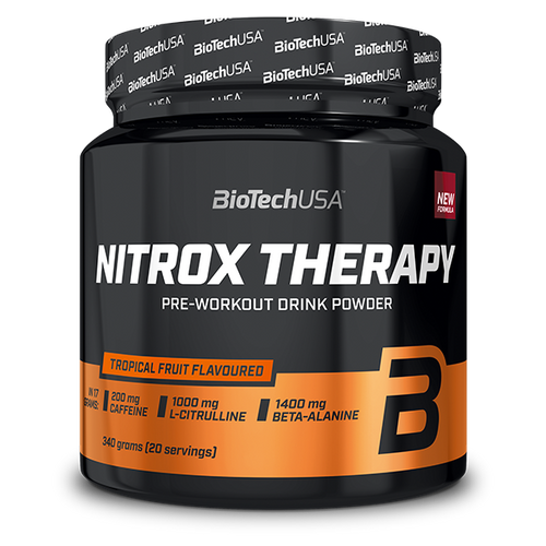 BioTechUSA Nitrox Therapy edzés előtti italpor, cukorral és édesítőszerrel, aminosavakkal, vitaminokkal és ásványi anyagokkal, napi adagban 200 mg koffeinnel.