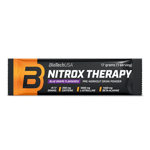 BioTechUSA Nitrox Therapy edzés előtti italpor, cukorral és édesítőszerrel, aminosavakkal, vitaminokkal és ásványi anyagokkal, napi adagban 200 mg koffeinnel.