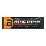 BioTechUSA Nitrox Therapy edzés előtti italpor, cukorral és édesítőszerrel, aminosavakkal, vitaminokkal és ásványi anyagokkal, napi adagban 200 mg koffeinnel.