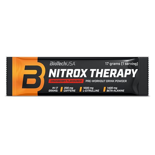 BioTechUSA Nitrox Therapy edzés előtti italpor, cukorral és édesítőszerrel, aminosavakkal, vitaminokkal és ásványi anyagokkal, napi adagban 200 mg koffeinnel.