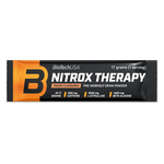 BioTechUSA Nitrox Therapy edzés előtti italpor, cukorral és édesítőszerrel, aminosavakkal, vitaminokkal és ásványi anyagokkal, napi adagban 200 mg koffeinnel.