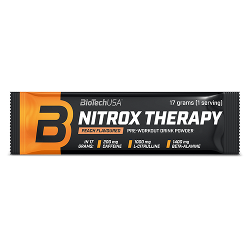 BioTechUSA Nitrox Therapy edzés előtti italpor, cukorral és édesítőszerrel, aminosavakkal, vitaminokkal és ásványi anyagokkal, napi adagban 200 mg koffeinnel.