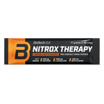 BioTechUSA Nitrox Therapy edzés előtti italpor, cukorral és édesítőszerrel, aminosavakkal, vitaminokkal és ásványi anyagokkal, napi adagban 200 mg koffeinnel.