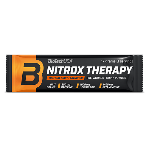 BioTechUSA Nitrox Therapy edzés előtti italpor, cukorral és édesítőszerrel, aminosavakkal, vitaminokkal és ásványi anyagokkal, napi adagban 200 mg koffeinnel.